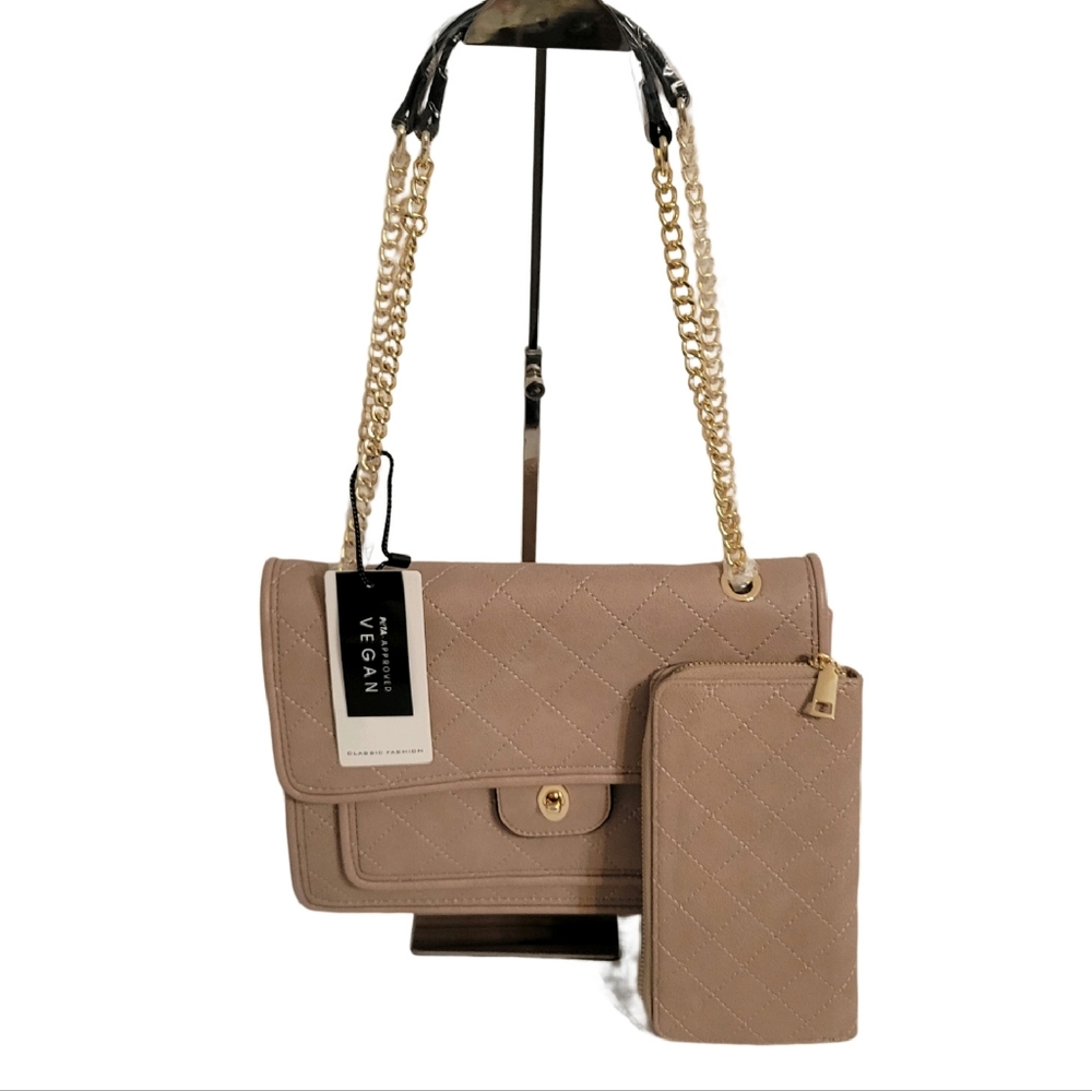Classic Fashion Tan Purse Vegan Leather 2-n-1 Handbag with Matching Wallet